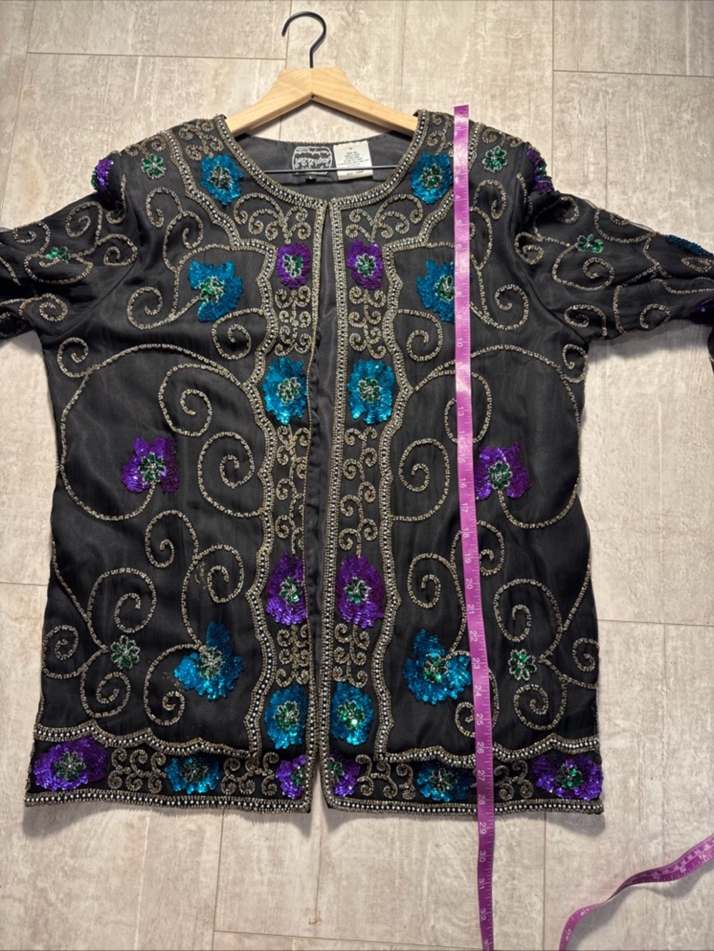 Vintage jean for Joseph LeBon Embellished silk Black Sequin Floral Jacket Sz L - Picture 6 of 8